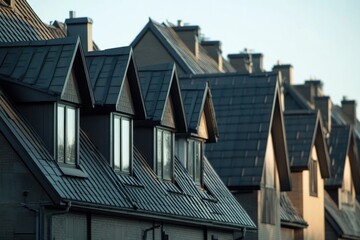 Obraz premium Row of houses with clocks on each one, great for time-related concepts or urban scenes