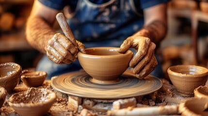 Skilled artisan shaping clay bowl on potter's wheel in workshop during golden hour