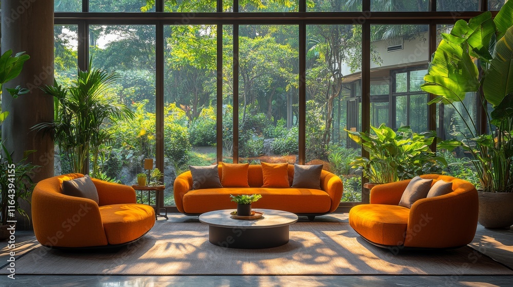 Poster a contemporary lounge features vibrant orange sofas and armchairs arranged around a central coffee t