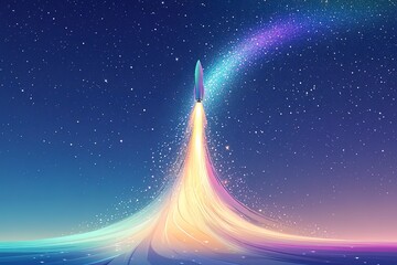 minimalist illustration of space rocket launching into starry sky with vibrant exhaust trails and vast negative space