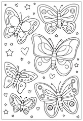 Butterflies design elements set in doodle style. Ornate decorative black and white illustration. Zentangle coloring book page