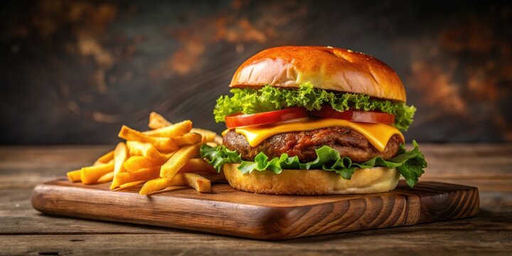 Juicy Cheeseburger with Golden French Fries on Rustic Wooden Board