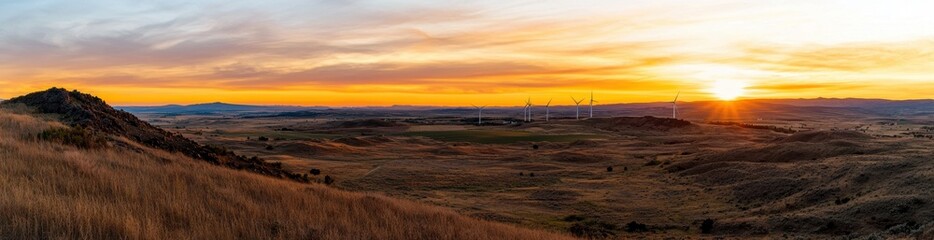 Fototapeta premium Panoramic Sunset View over Hills and Wind Turbines in Landscape
