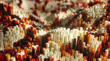 Numerous colorful tubes arranged in a wavy landscape create an abstract, visually striking background filled with warm tones of red, orange, yellow, white, and brown