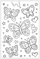 Butterflies design elements set in doodle style. Ornate decorative black and white illustration. Zentangle coloring book page