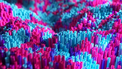 Obraz premium Abstract background featuring a wavy pattern created by numerous colorful tubes in vibrant pink, blue, and purple hues, generating a visually appealing and dynamic composition
