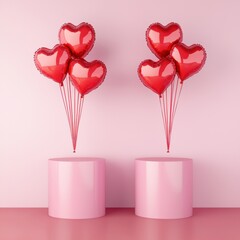 Fototapeta premium Red Heart Balloons on Pink Pedestals in a Studio Background