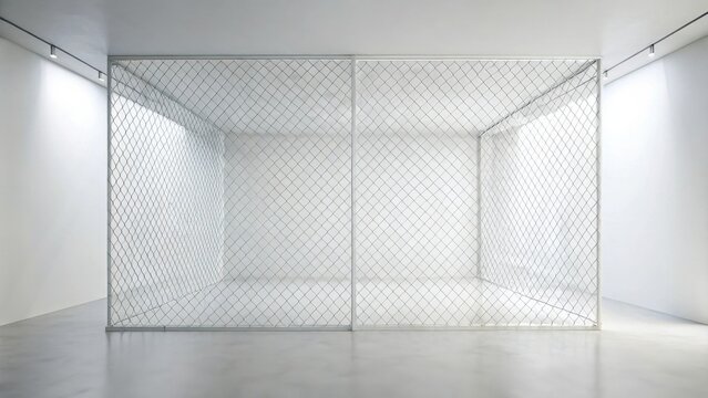 Minimalist white room enclosed by a wire mesh partition