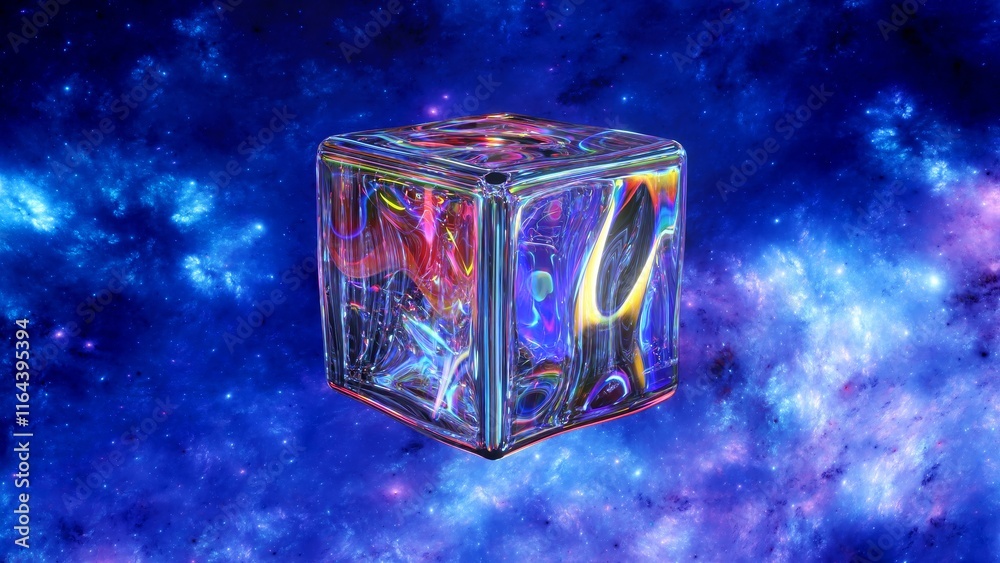 Wall mural glass cube with colorful reflections floating in colorful nebula space universe, a cosmic abstract b