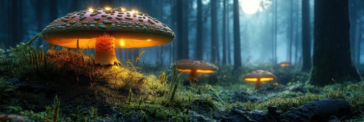 Glowing Mushrooms Illuminate Enchanting Forest Scene