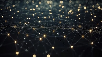 A digital network pattern with small nodes and thin, glowing lines connecting them across a dark background. 