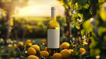 Fototapeta premium photorealistic white wine bottle with empty label arounded by citrus fruits garden