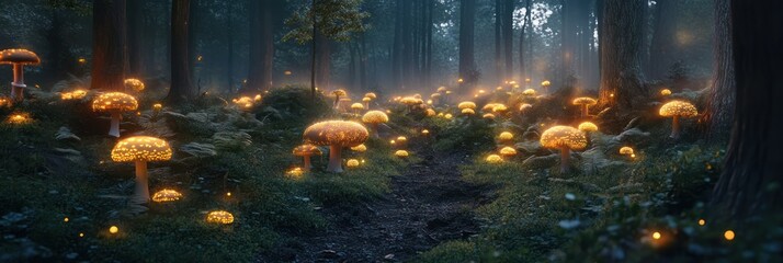 Fototapeta premium Glowing Mushrooms Illuminate A Mystical Forest Path