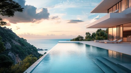 Elegant villa features a stunning infinity pool that blends seamlessly with the ocean at sunset. The tranquil view captures a beautiful coastline and lush greenery