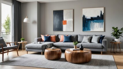 pouf and wooden table in modern living room with painting above grey corner couch