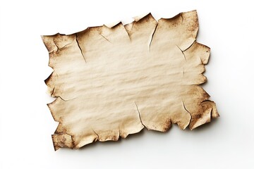 weathered piece of parchment with jagged edges placed on stark white background for nostalgic effect