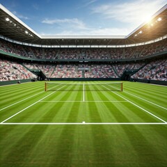 A wide-angle view of a full tennis stadium, with the court perfectly manicured and ready for a match. 