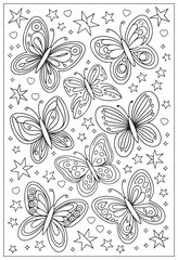Butterflies design elements set in doodle style. Ornate decorative black and white illustration. Zentangle coloring book page