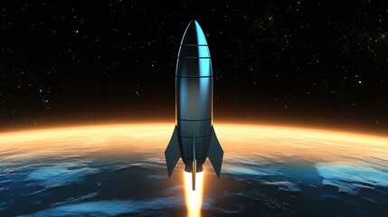 Naklejka premium futuristic rocket in 3d with metallic finish floating above glowing planetary horizon