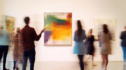 Fototapeta premium gallery guide explaining piece of art to blurred visitors with vibrant colors and soft lighting enhancing scene