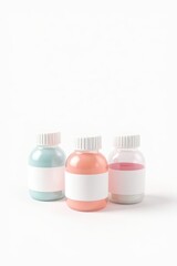 three bottles of different colors of paint on a white surface