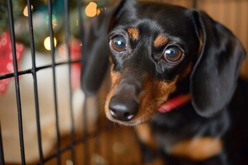 Curious dachshund puppy behind bars
