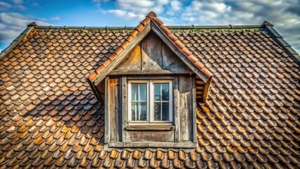 Rustic Gable Window on a Weathered Tile Roof Featuring Aged Wood Framing