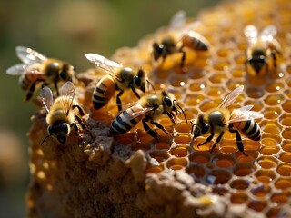  A swarm of honeybees covers a honeycomb frame, actively working and moving within the hive