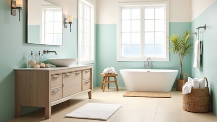 A beach-inspired bathroom with coastal tones, natural textures, and light aqua accents. A tranquil design capturing the essence of seaside relaxation for a serene retreat.