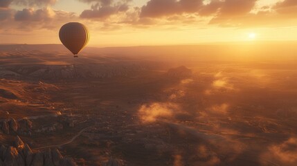 Obraz premium Hot air balloon glides over stunning landscape at sunrise with golden skies and rolling hills