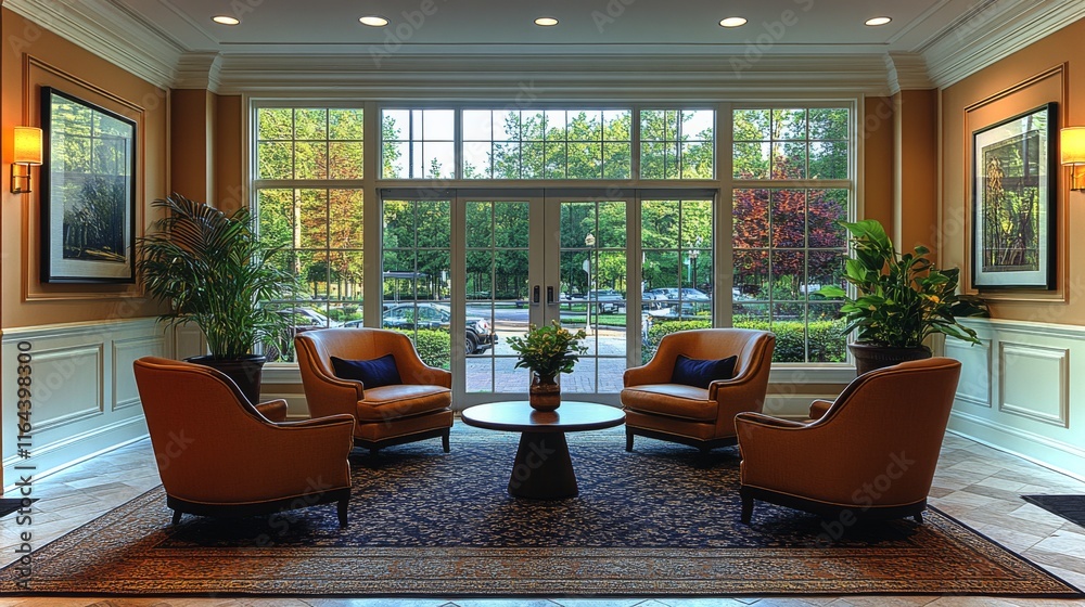 Poster a spacious lounge features four orange chairs arranged around a round table, illuminated by natural 