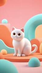 Fototapeta premium Adorable white cat with big eyes in a pastel colored 3D environment.Cute telephone wallpaper.