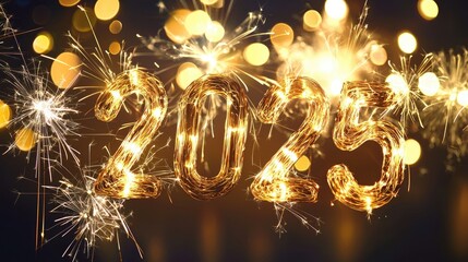 Obraz premium Celebrating 2025. Glittering 2025 sign with fireworks and bokeh lights