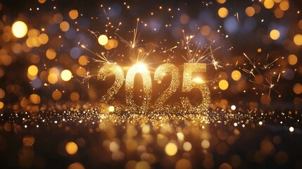 Obraz premium Celebrating 2025. Glittering 2025 sign with fireworks and bokeh lights