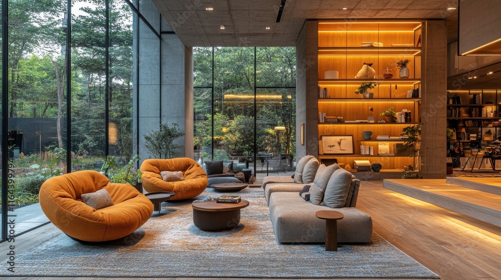 Aufkleber this inviting lounge features plush seating in warm tones, large windows offering a view of lush gre