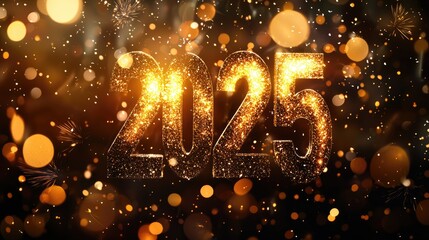 Celebrating 2025. Glittering 2025 sign with fireworks and bokeh lights