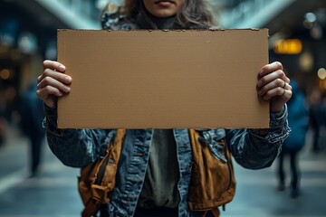 Traveler Holding Blank Cardboard Sign at Airport Terminal Ready for Custom Travel Message