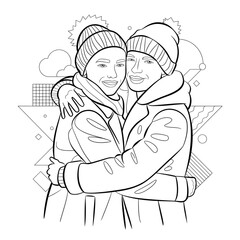 girl and boy hug in winter