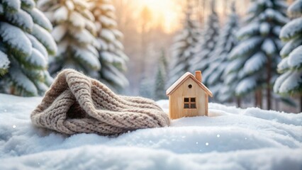 Naklejka premium Cozy Cabin in Winter Wonderland A Wooden House Model and Knitted Scarf Resting in the Snow