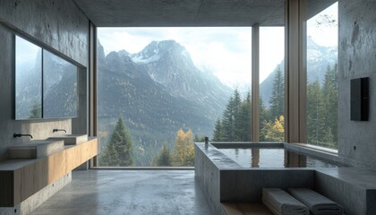 A bathroom with a large window overlooking a mountain range. The window is framed in wood and the bathroom has a bathtub