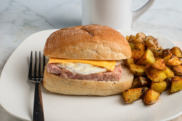 fried egg and spam  breakfast sandwich