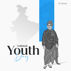 Illustration of National Youth Day celebration with an Indian flag, historic architecture, and a cultural figure