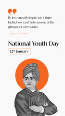 Illustration of National Youth Day celebration with an Indian flag, historic architecture, and a cultural figure