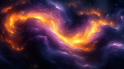 Abstract cosmic swirl with vibrant orange and purple nebulae.