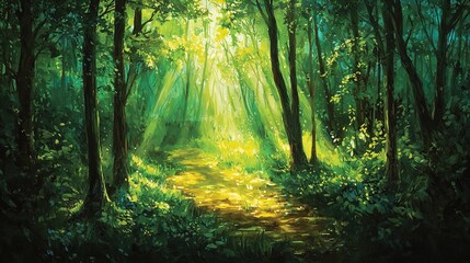Obraz premium Lush green forest scene with sunlight filtering through tall trees, illuminating a dirt path covered in vibrant foliage. The interplay of light and shadow creates a serene and magical atmosphere, invi