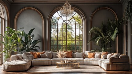 Elegant living room with a large sectional sofa, plants, and a grand window view.