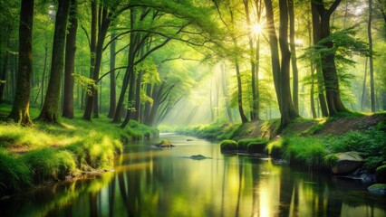 Obraz premium Serene sunlit stream meanders through lush green forest, sunlight filtering through leaves creating magical atmosphere