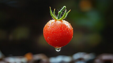   A close-up of a tomato with water droplets on its stem and a green stem extending from the top