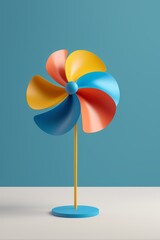 brightly colored pinwheel on a blue stand against a blue wall