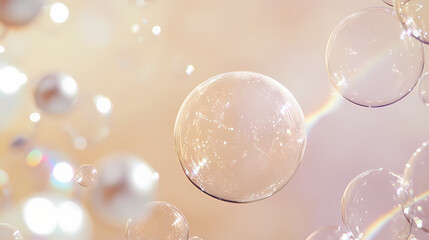 Fototapeta premium Close-up of bubbles and pearls on a beige background, with ample copy space